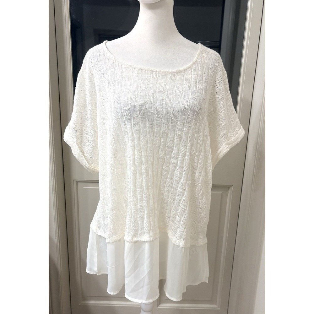 Cato Womens 22/24W Ivory Top Textured Knit Tunic Summer Flowy Chiffon
